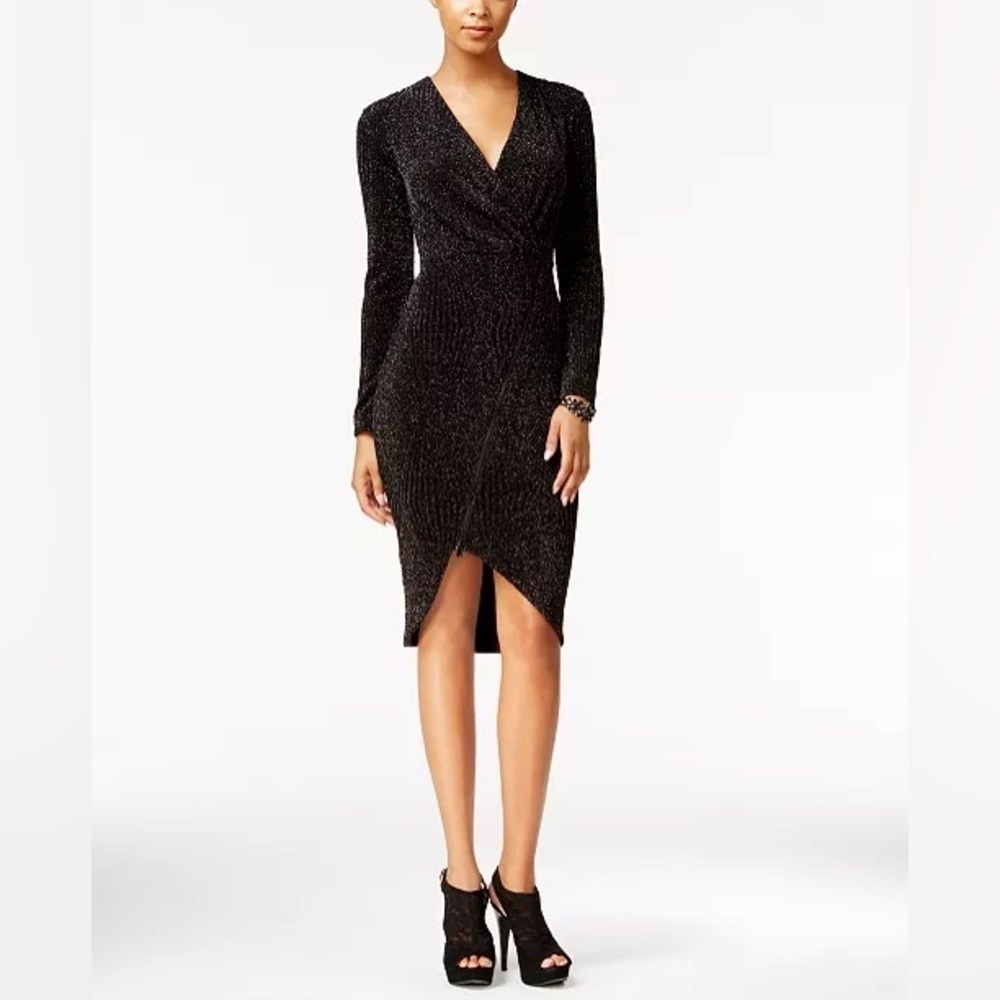 Rachel Rachel Roy Sequin Faux Wrap High Slit Long Sleeve V Neck Cocktail Dress - Picture 5 of 6